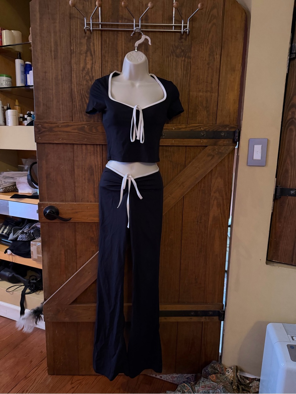 Black Two-Piece Tie-Front Pantsuit with White Trim